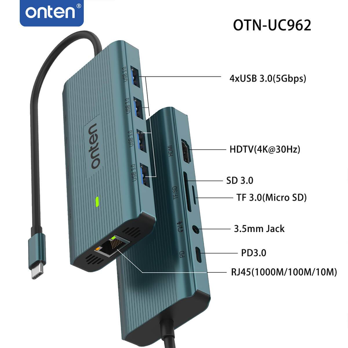 Side view of the Onten UC962 10 in 1 USB-C Docking Station showcasing its USB 3.0, HDMI, SD, TF, 3.5mm jack, PD3.0, and RJ45 ports for enhanced device compatibility.